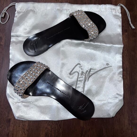 Giuseppe Zanotti Tan Suede Rhinestone Flat Slip-on Sandals 37 / US 6.5 Italy - Picture 4 of 11